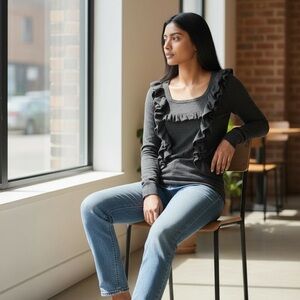 Anthropologie Moth Wool Blend Ruffle Front Pullover Sweater Scoop Neck Medium